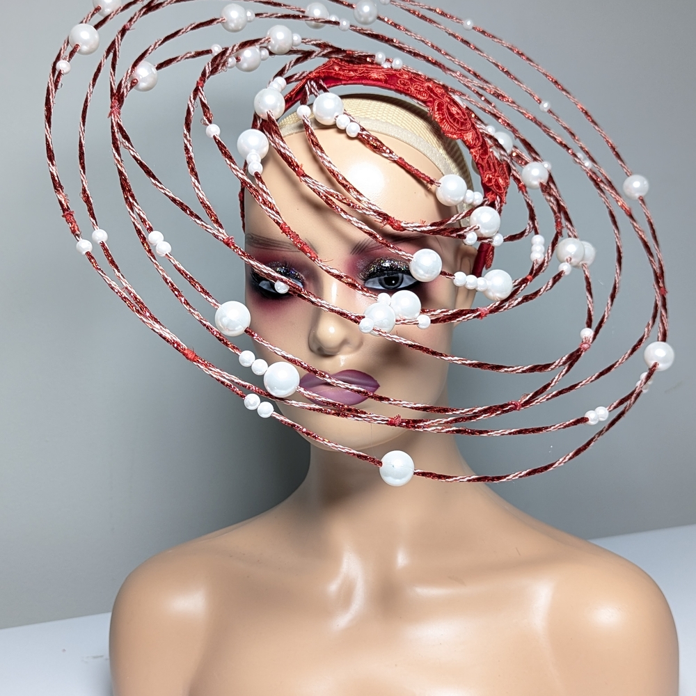 Chic Red and White Pearl Saturn Fascinator